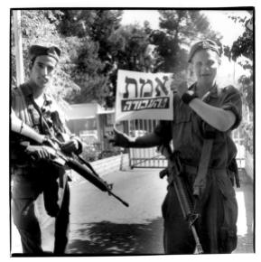 Israeli soldiers with Labour flag at Israeli elections Jerusalem May 96 ©1996 Marc De Clercq